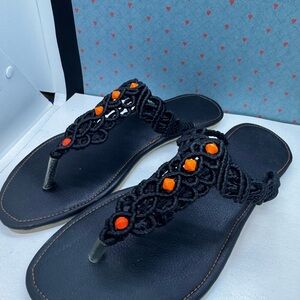 Handcrafted Macrame Women’s Black Sandals with Orange Accents
